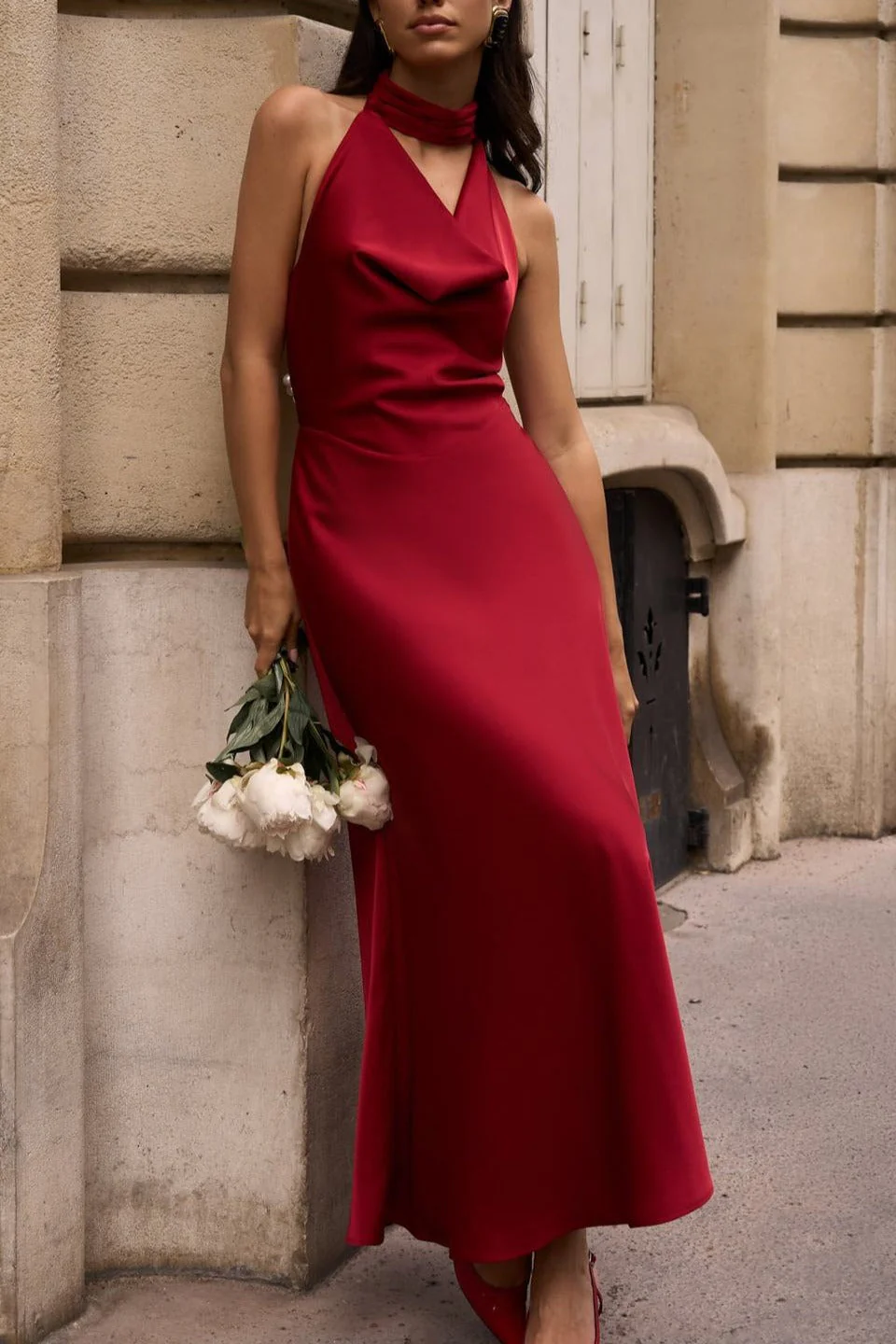 Satin V-Neck Halter Backless Maxi Party Dress