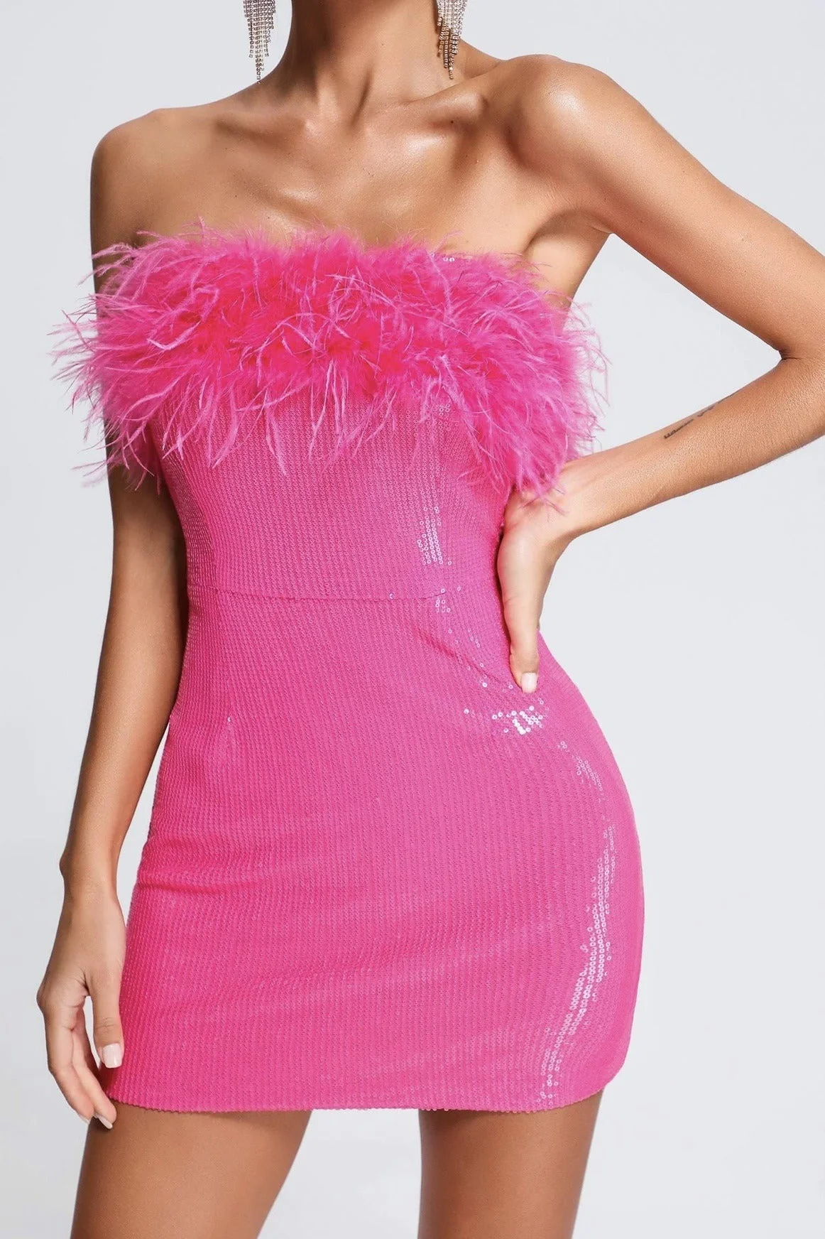 Sequin Faux Fur Off Shoulder Party Dress