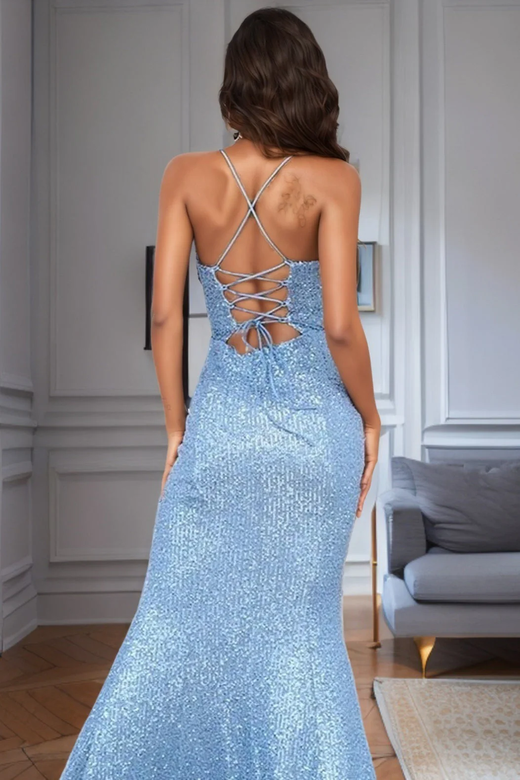 Sequin Slit Spaghetti Strap Formal Dress - Image 4