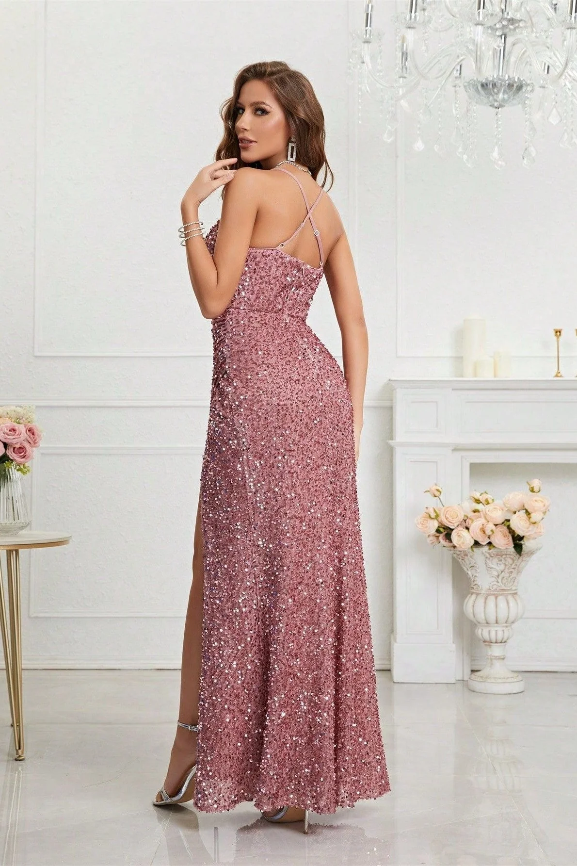 Sequin V Neck Bodycon Formal Dress - Image 3