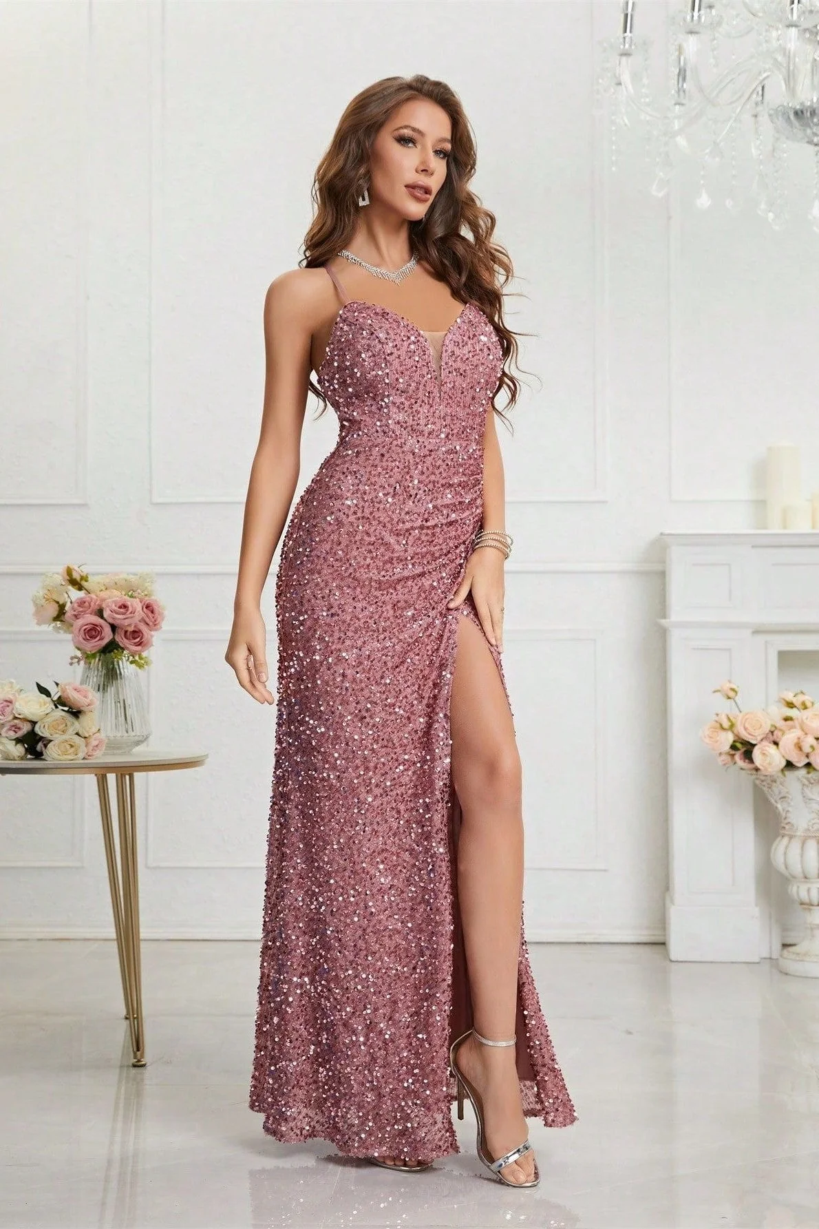 Sequin V Neck Bodycon Formal Dress - Image 4
