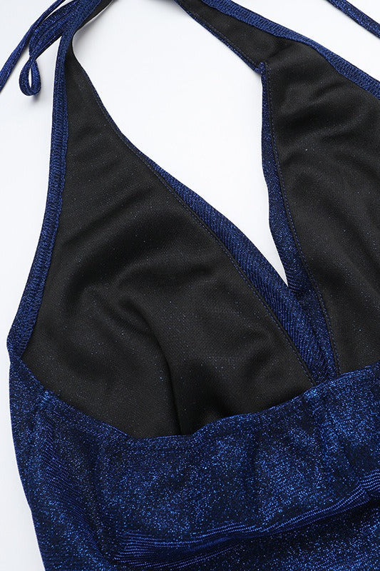 Shimmer V Neck Halter Slit Formal Dress - Image 10