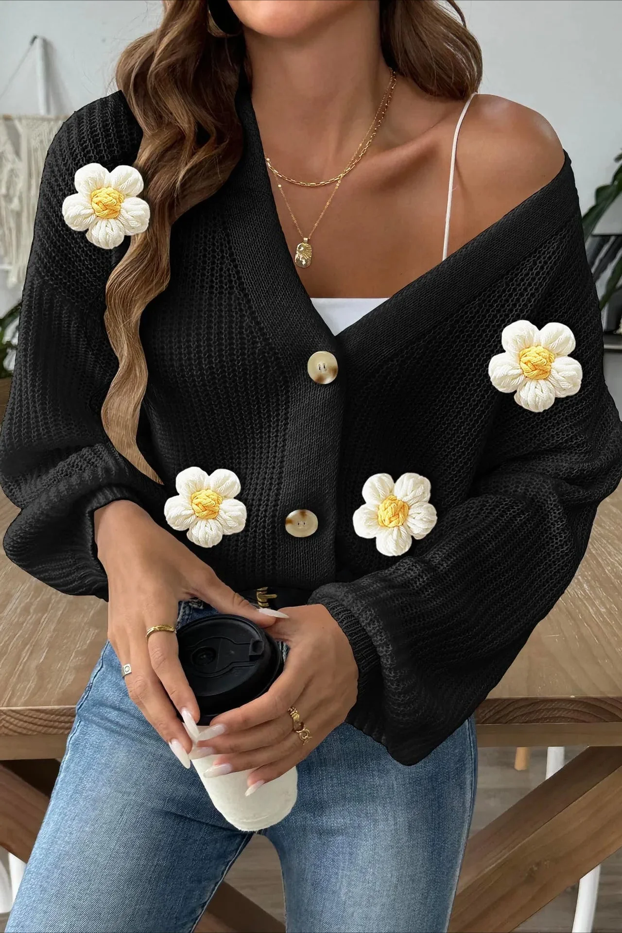 Short Floral Knit Long Sleeve Cardigan - Image 12