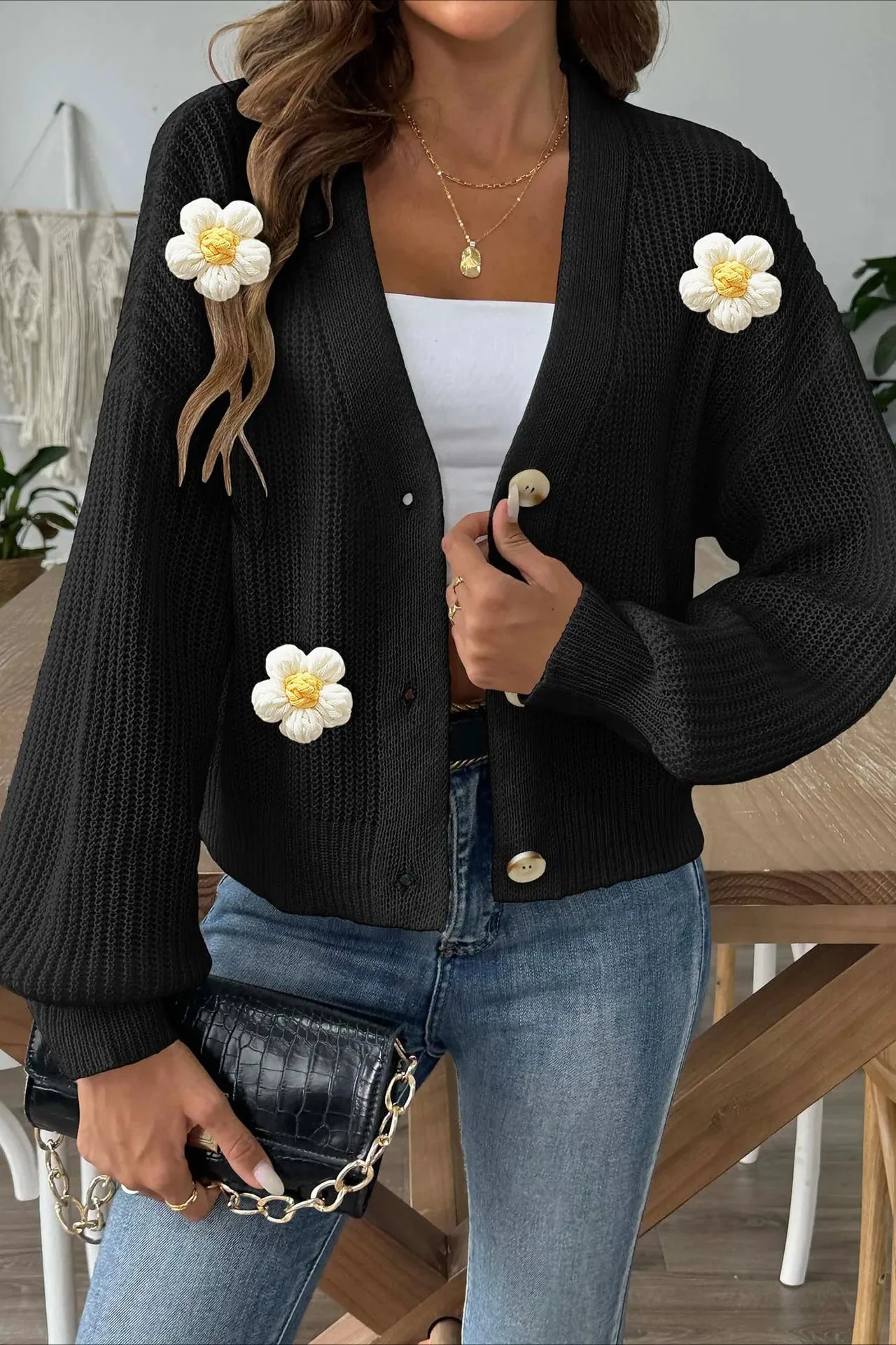 Short Floral Knit Long Sleeve Cardigan - Image 13