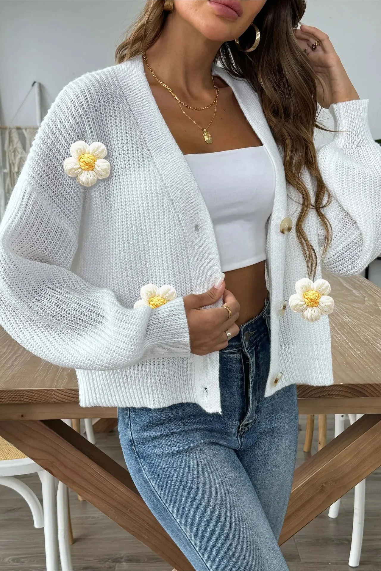 Short Floral Knit Long Sleeve Cardigan - Image 16