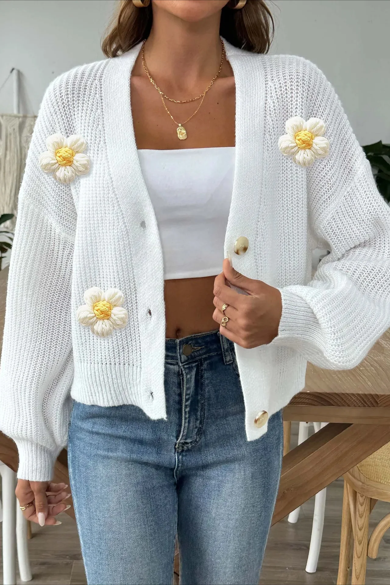 Short Floral Knit Long Sleeve Cardigan - Image 17