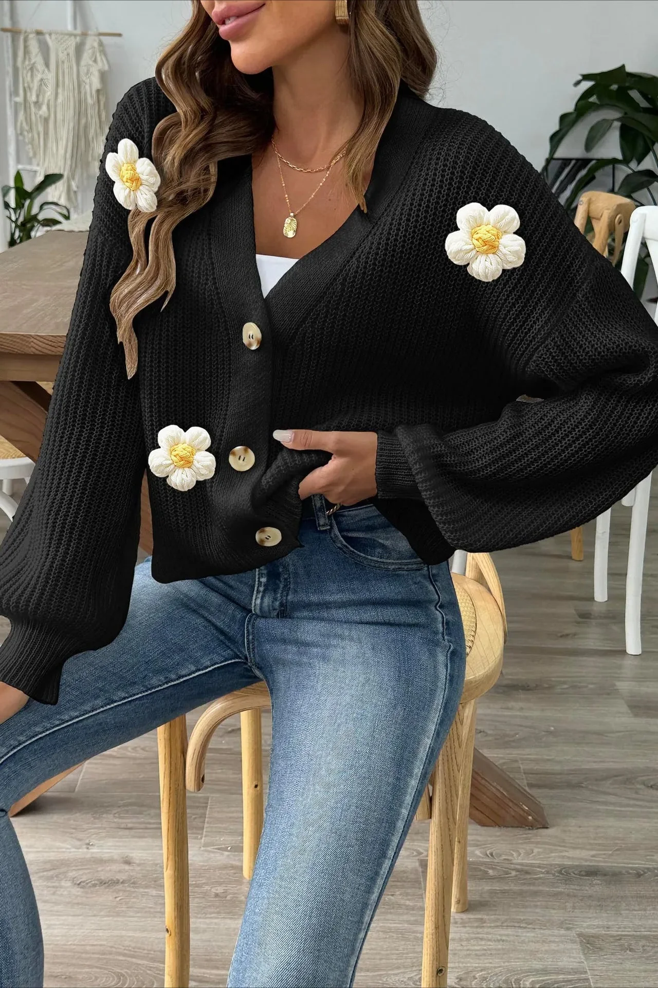 Short Floral Knit Long Sleeve Cardigan - Image 20
