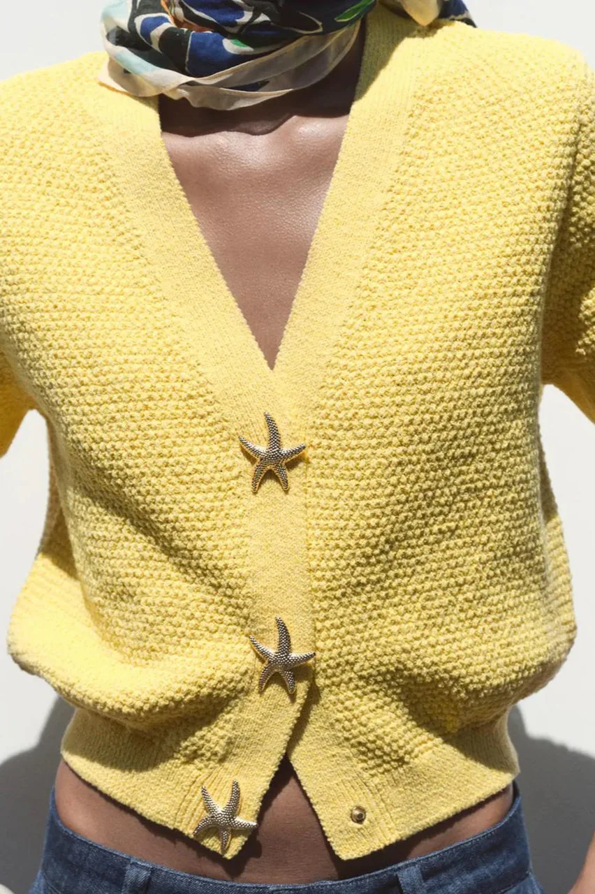 Short Sleeve Starfish Button Knit Cardigan - Image 2