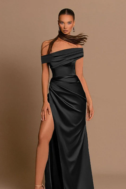 Silk Satin Off Shoulder Slit Formal Dress - Image 3