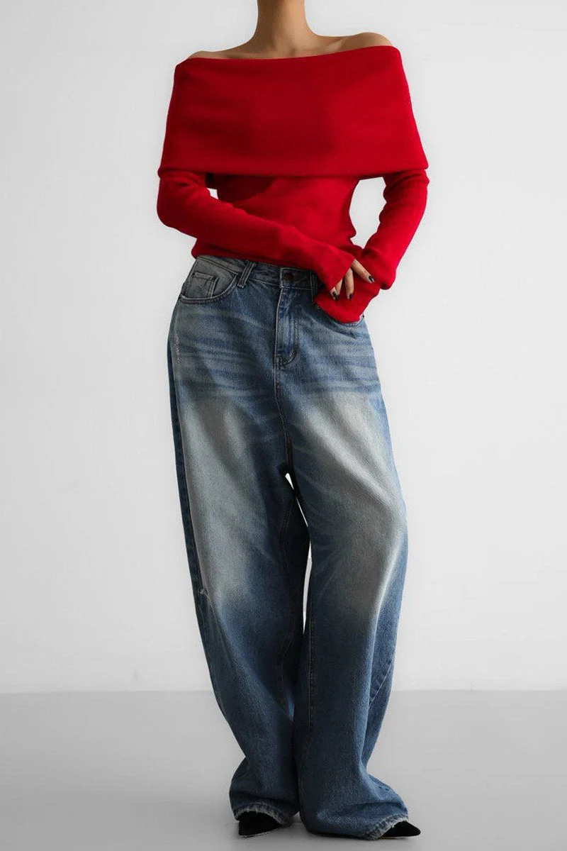 Slim Fit Slit Neck Long Sleeve Knit Top - Image 5