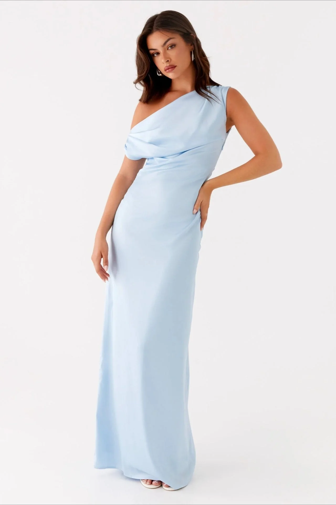 Solid Asymmetric Neckline Formal Dress - Image 3