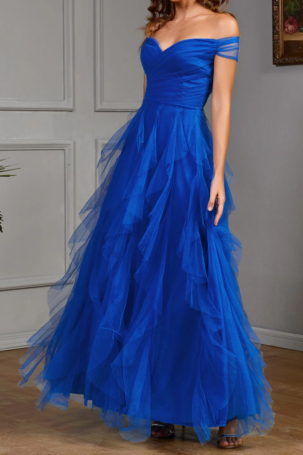 Solid Off Shoulder Tulle Gown Formal Dress - Image 4