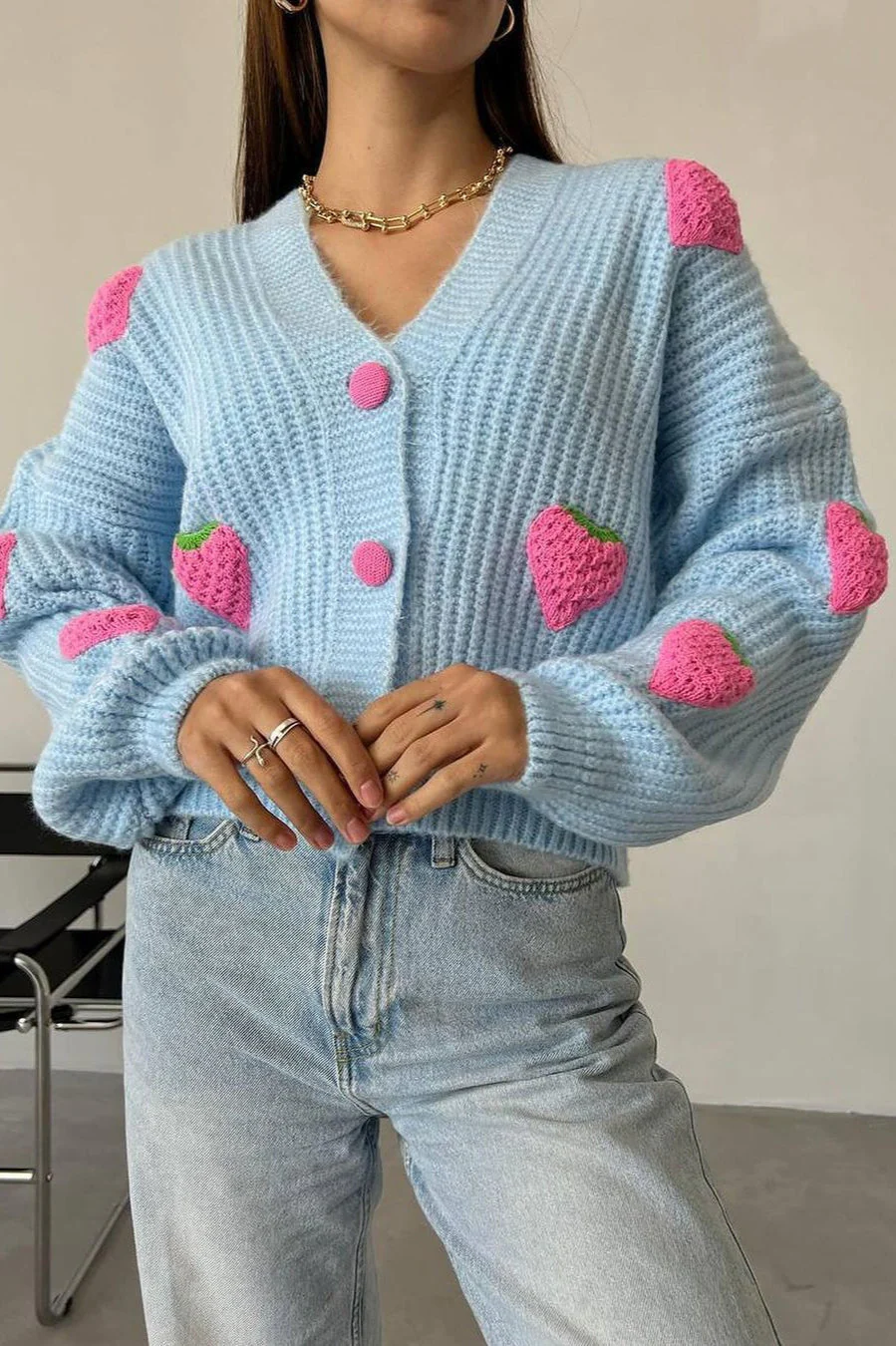 Strawberry Appliqué Chunky Knit Sweater - Image 16
