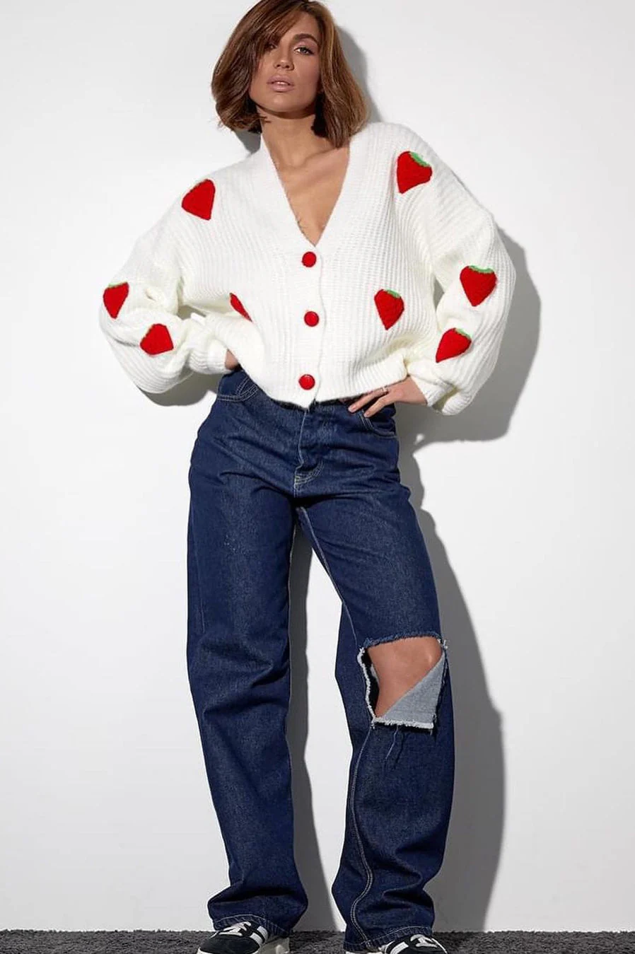 Strawberry Appliqué Chunky Knit Sweater - Image 2