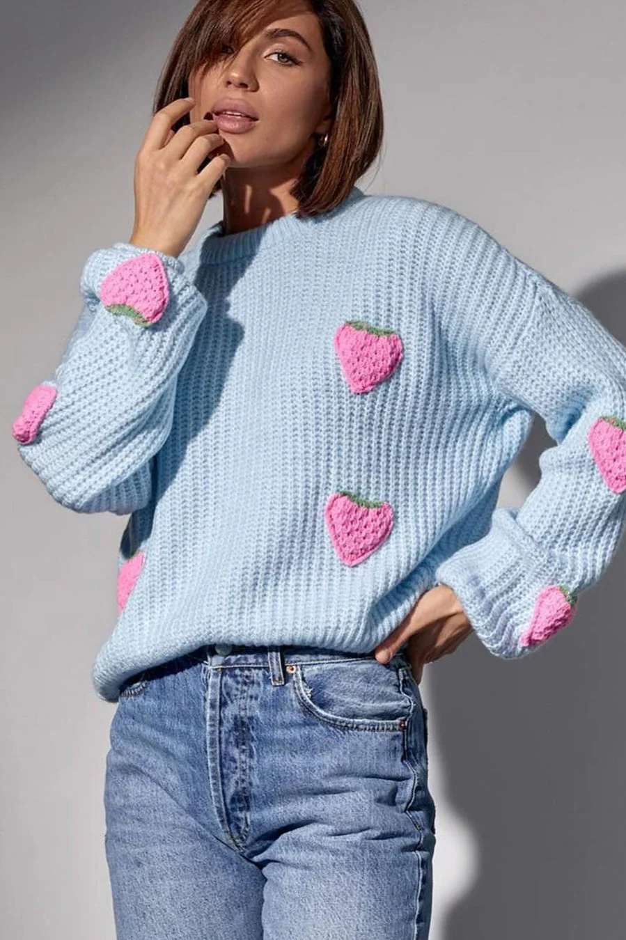 Strawberry Appliqué Chunky Knit Sweater - Image 34