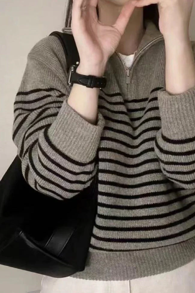 Striped Half Zip Knit Pullover Sweater - Image 11
