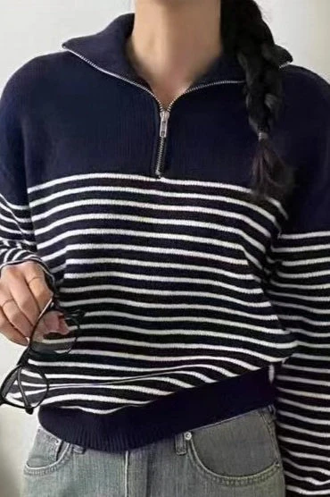 Striped Half Zip Knit Pullover Sweater - Image 12
