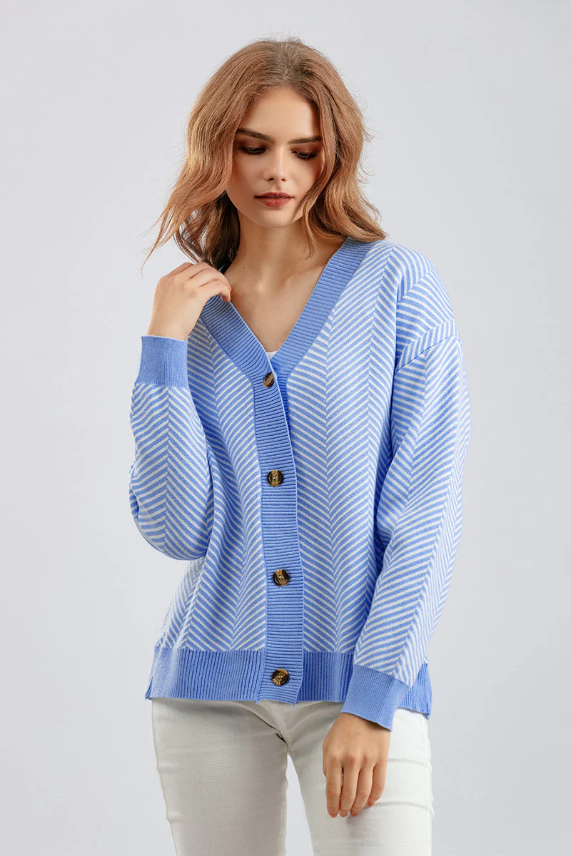 Striped V-Neck Buttoned Knit Sweater - Image 15