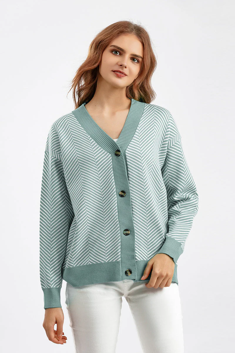 Striped V-Neck Buttoned Knit Sweater - Image 20