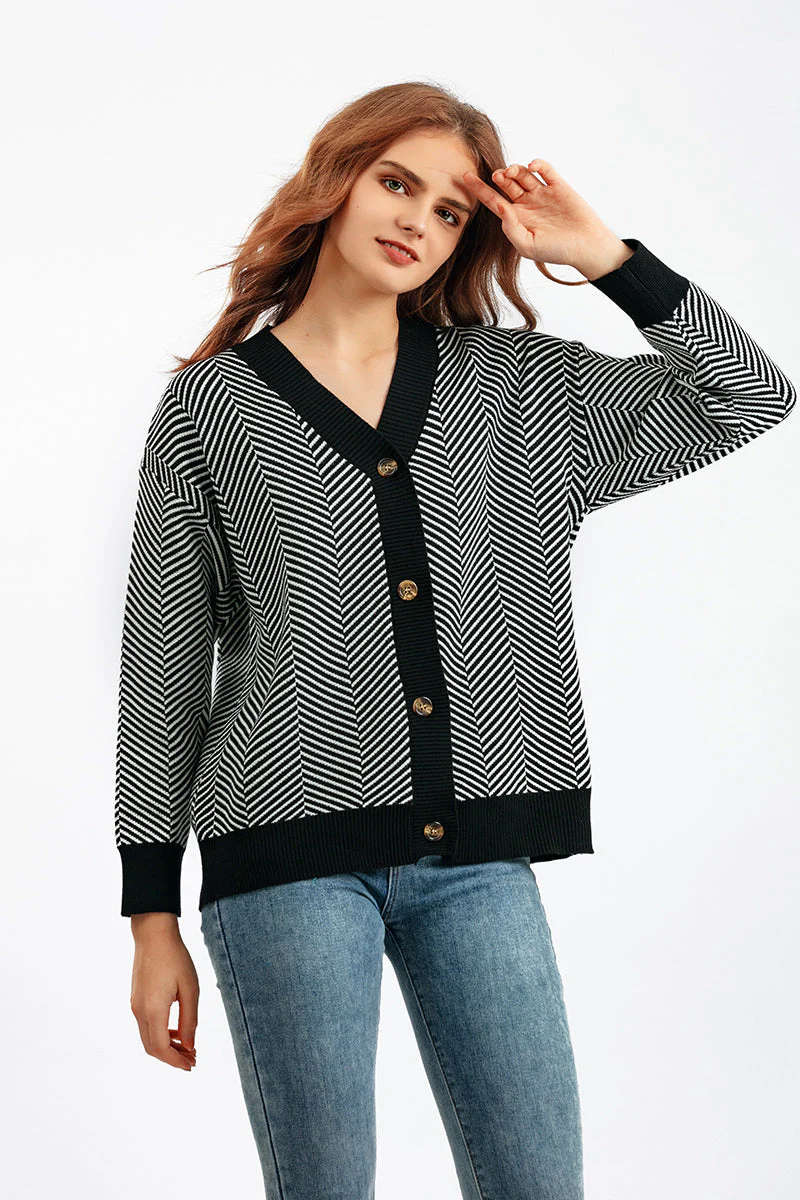Striped V-Neck Buttoned Knit Sweater - Image 22