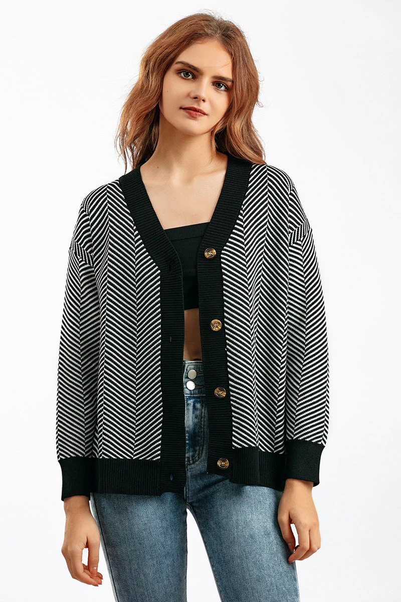 Striped V-Neck Buttoned Knit Sweater - Image 24