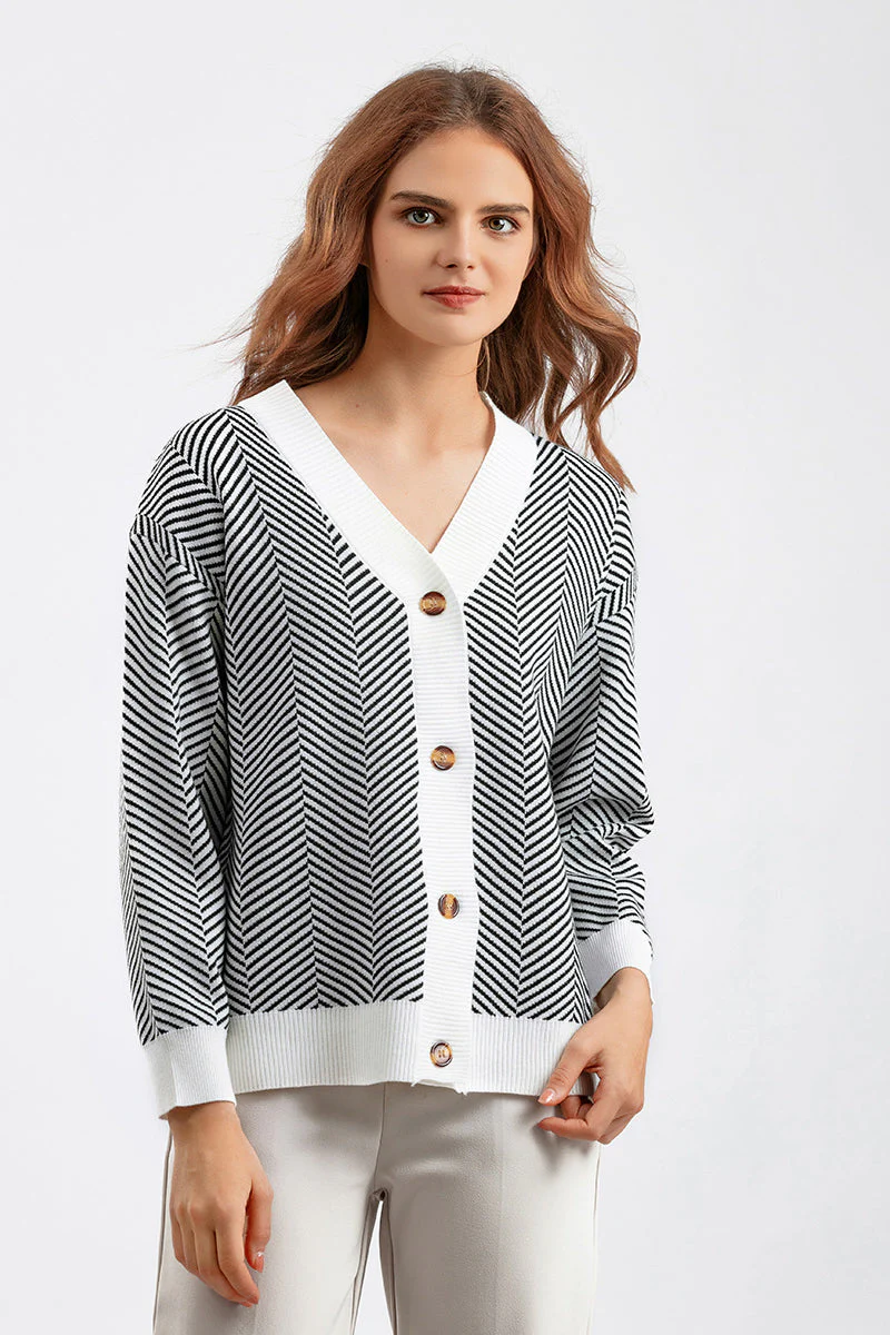 Striped V-Neck Buttoned Knit Sweater - Image 25