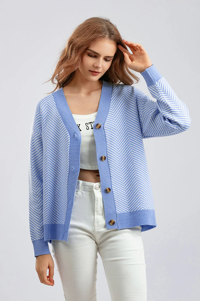 Striped V-Neck Buttoned Knit Sweater - Image 26