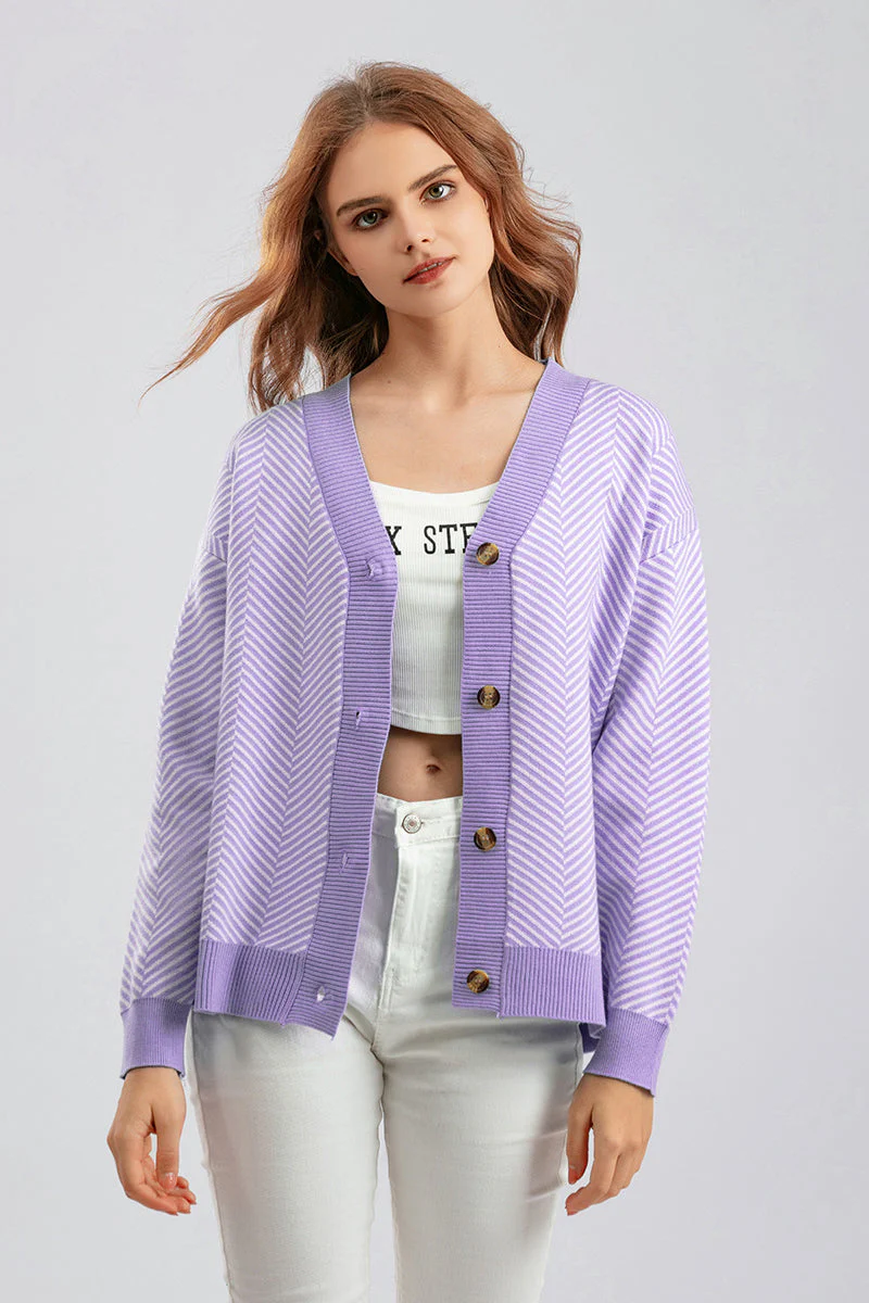 Striped V-Neck Buttoned Knit Sweater - Image 30