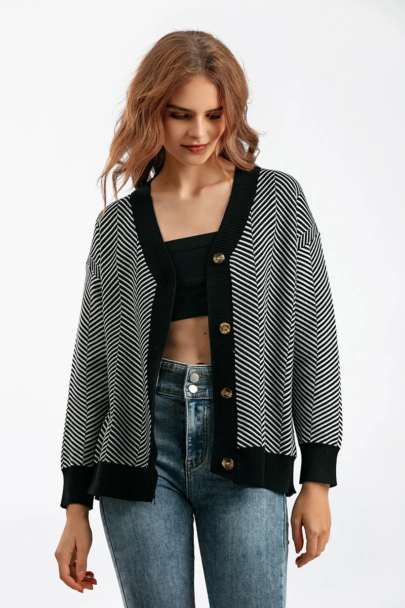 Striped V-Neck Buttoned Knit Sweater - Image 4