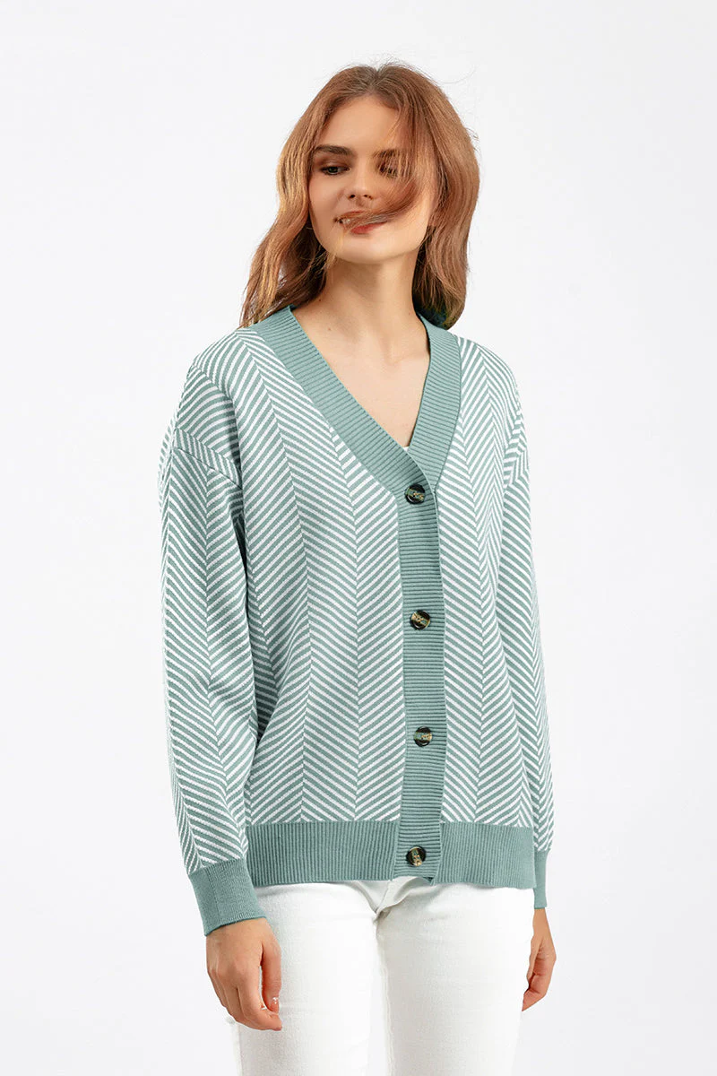Striped V-Neck Buttoned Knit Sweater - Image 7