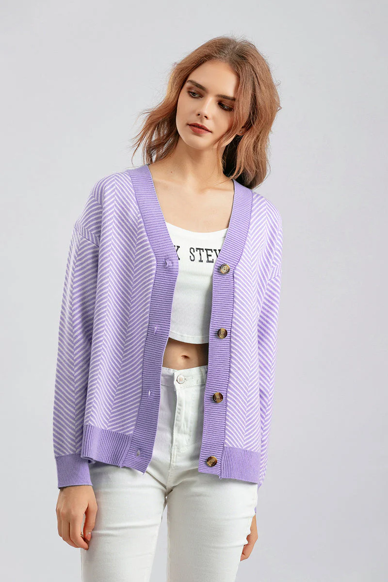 Striped V-Neck Buttoned Knit Sweater - Image 9