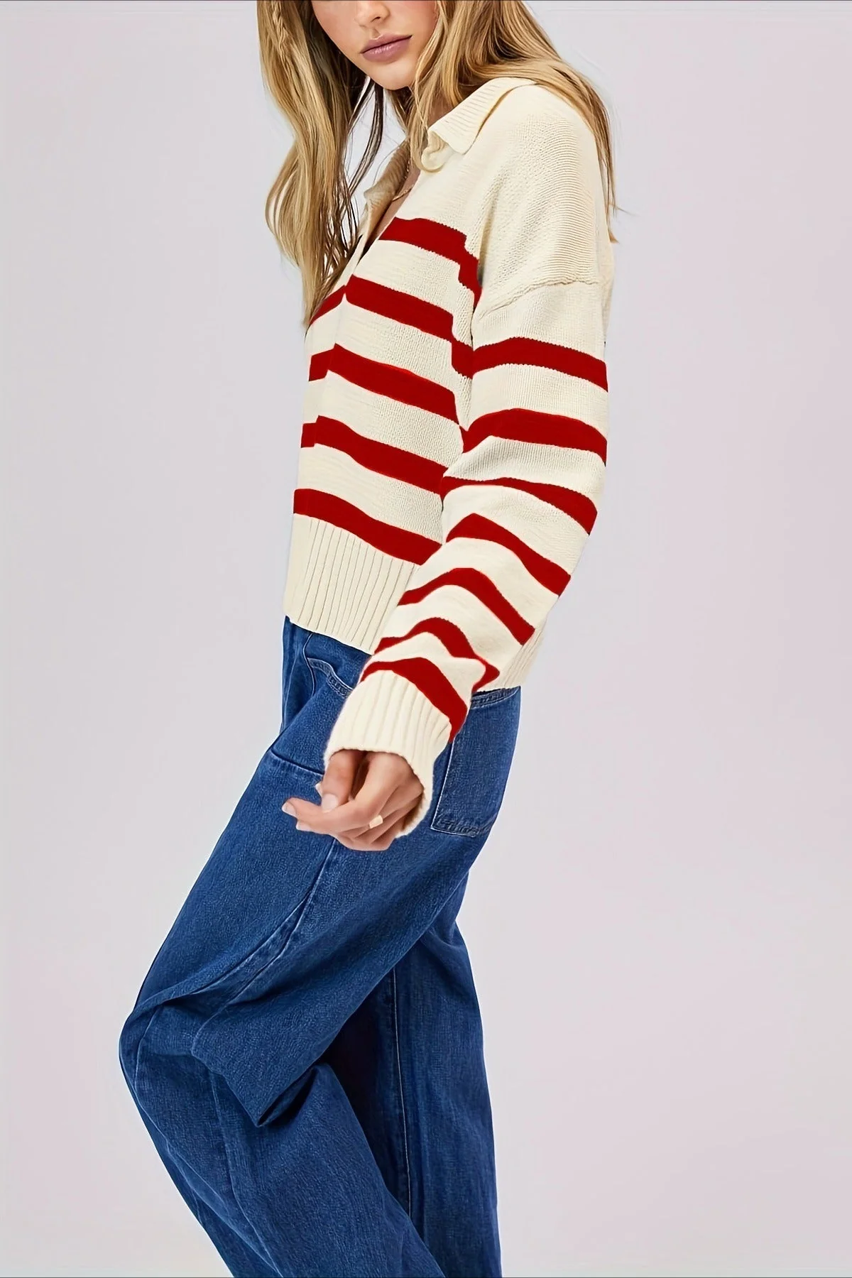 Striped Wool Collar V-Neck Sweater - Image 20