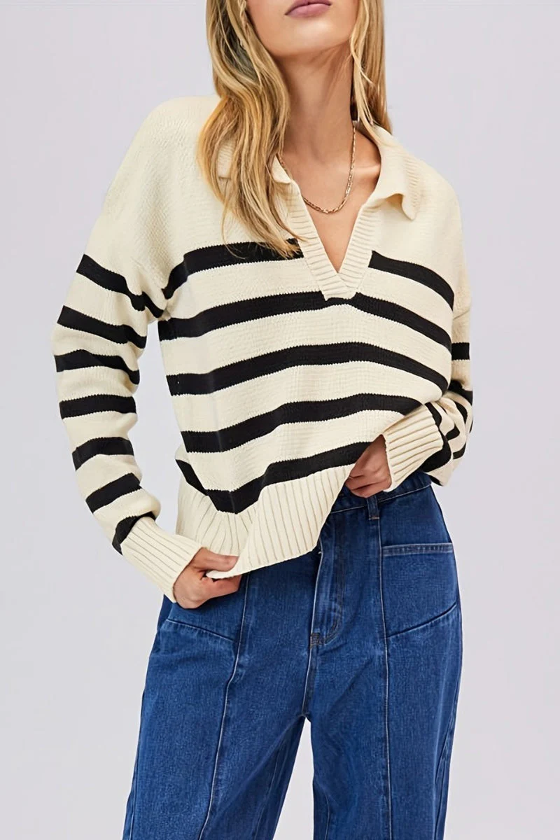 Striped Wool Collar V-Neck Sweater - Image 30