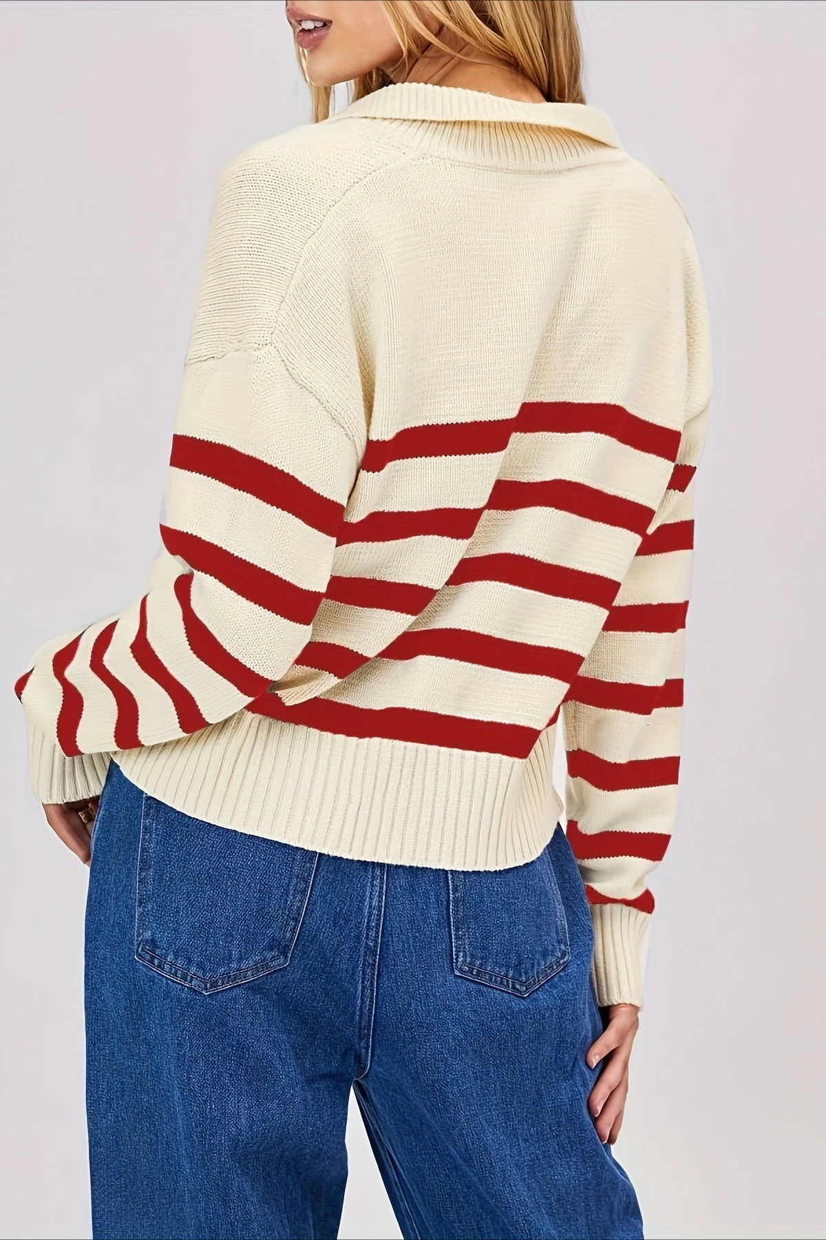 Striped Wool Collar V-Neck Sweater - Image 32