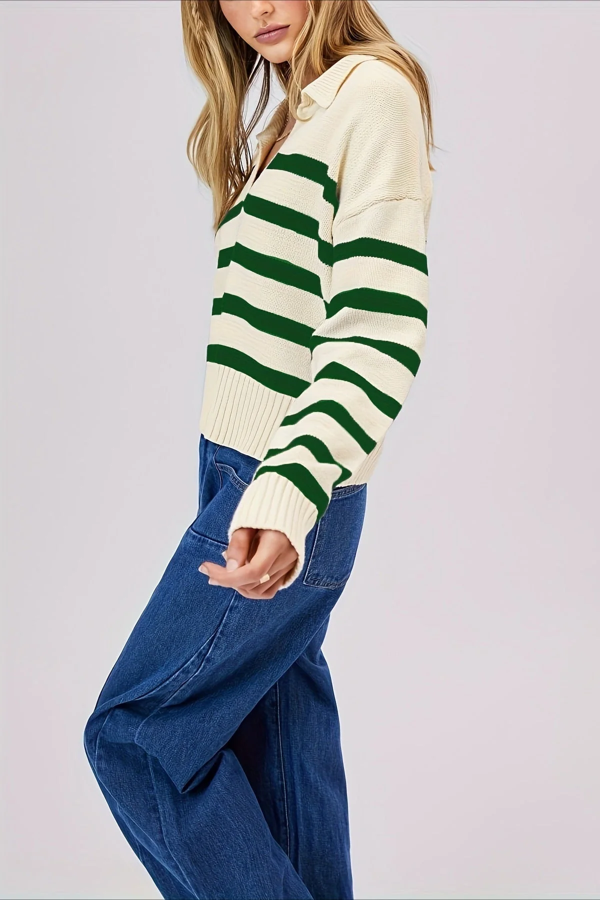 Striped Wool Collar V-Neck Sweater - Image 8