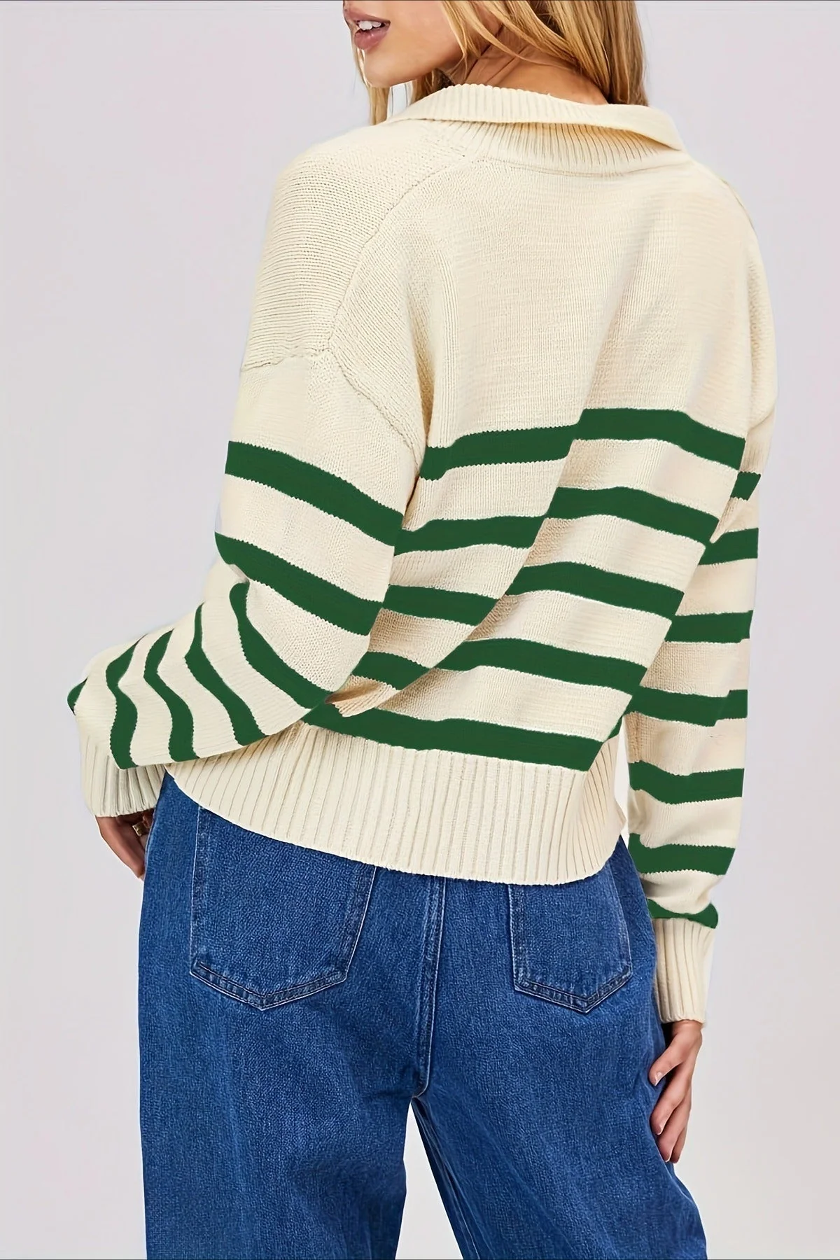 Striped Wool Collar V-Neck Sweater - Image 9