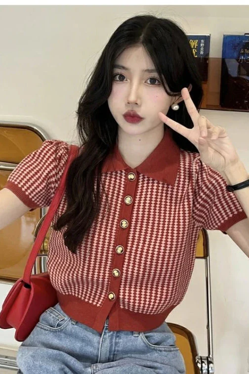 Thin Knit Turn-down Collar Short Sleeve Cardigan - Image 15