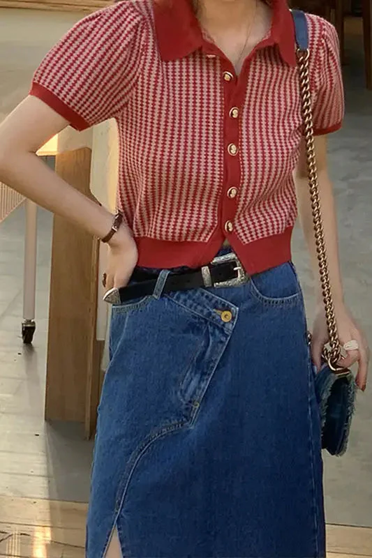Thin Knit Turn-down Collar Short Sleeve Cardigan - Image 3