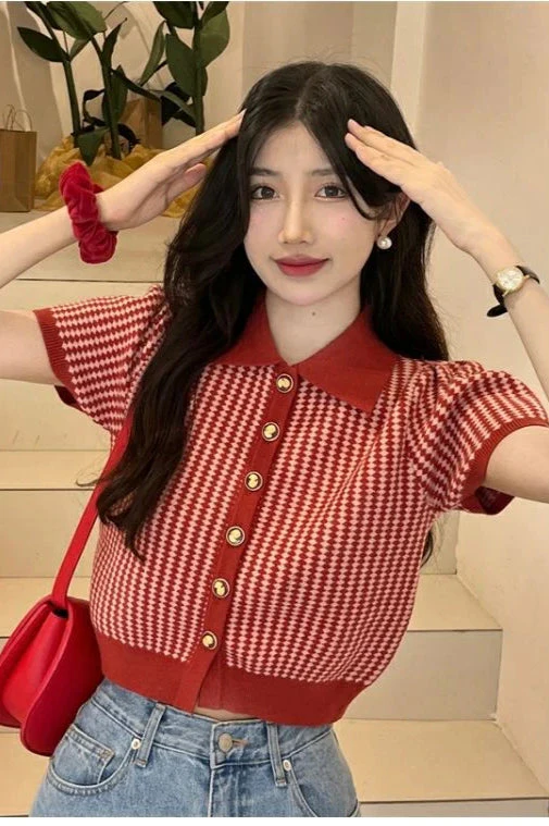 Thin Knit Turn-down Collar Short Sleeve Cardigan - Image 6