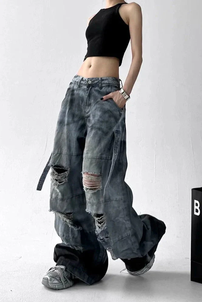 Tie Dye Ripped Wide Leg Jeans - Image 9