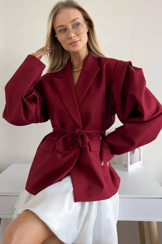V-Neck Belted Shoulder Pad Blazer - Image 9