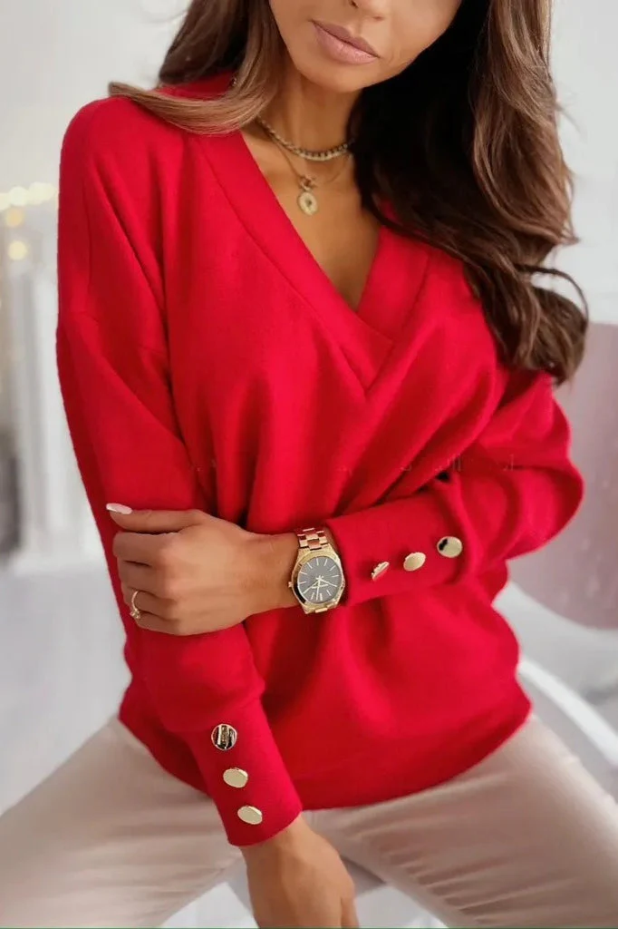V-Neck Button Knit Pullover Sweater - Image 10