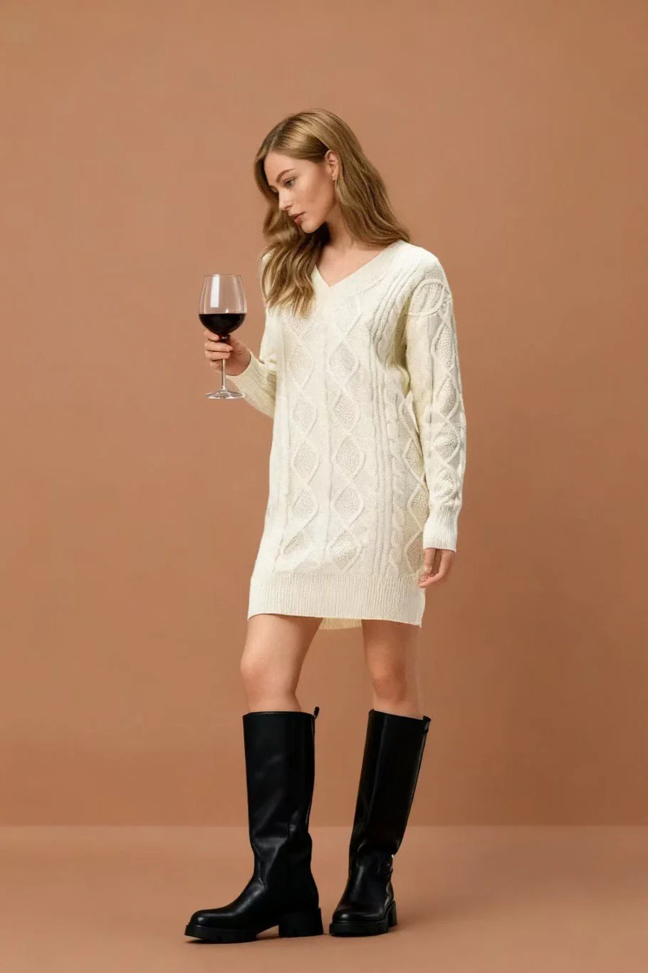 V-Neck Cable Knit Sweater Dress - Image 14