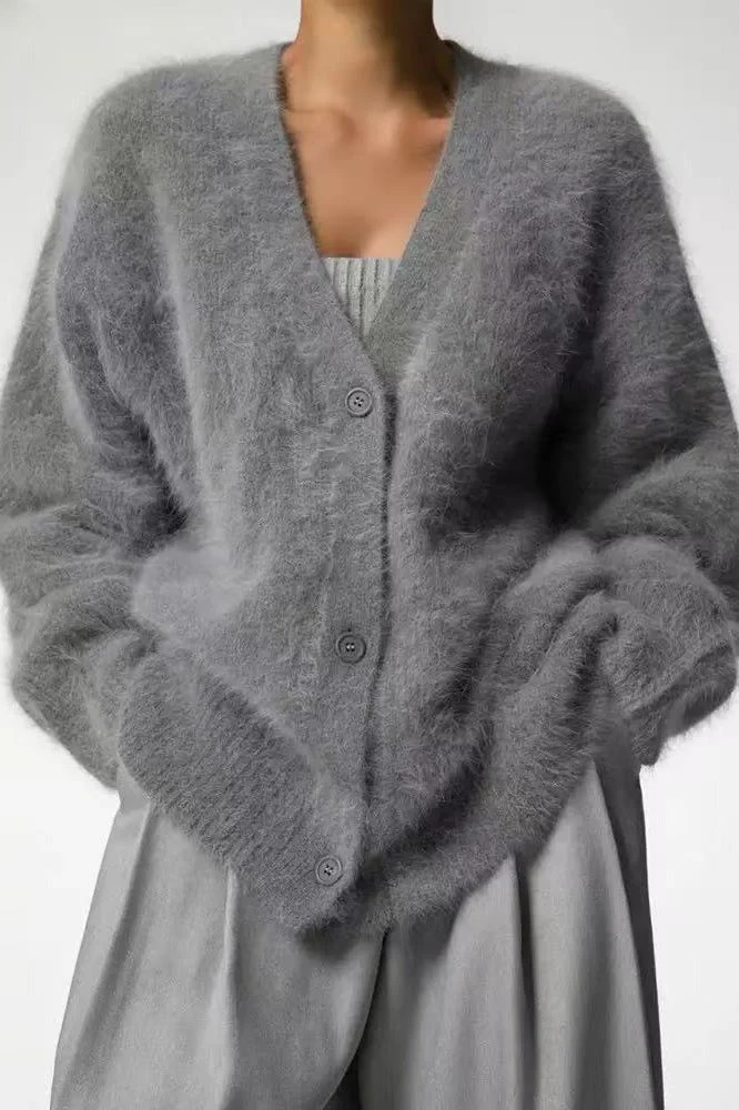 V-Neck Fluffy Knit Cardigan Sweater - Image 4