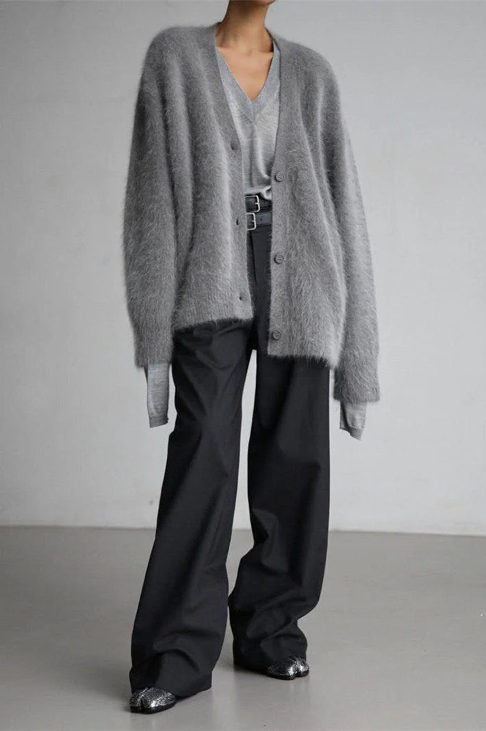 V-Neck Fluffy Knit Cardigan Sweater - Image 7