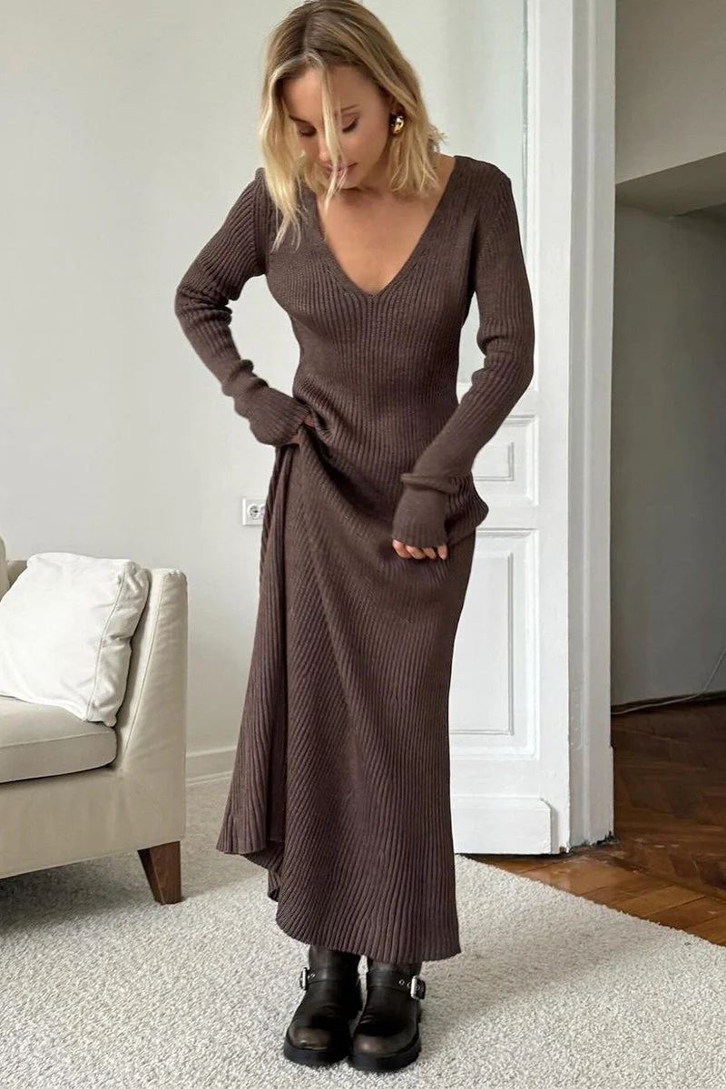 V-Neck Long Sleeve Knit Sweater Dress - Image 7