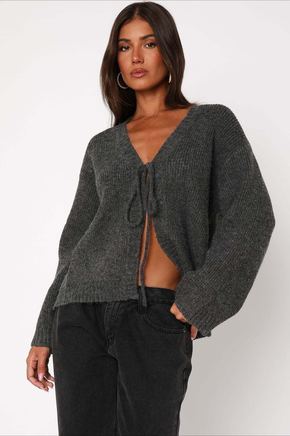 V-Neck Tie Front Knit Cardigan Sweater - Image 2