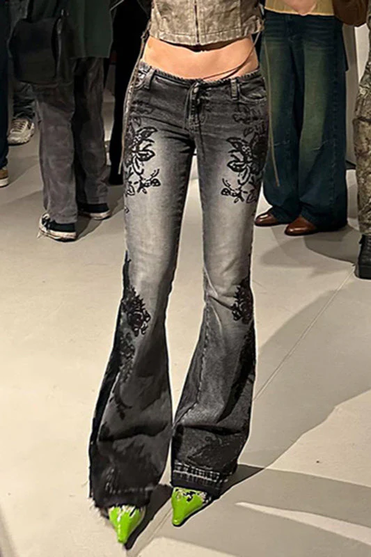 Vintage Plant Print Flared Jeans - Image 5