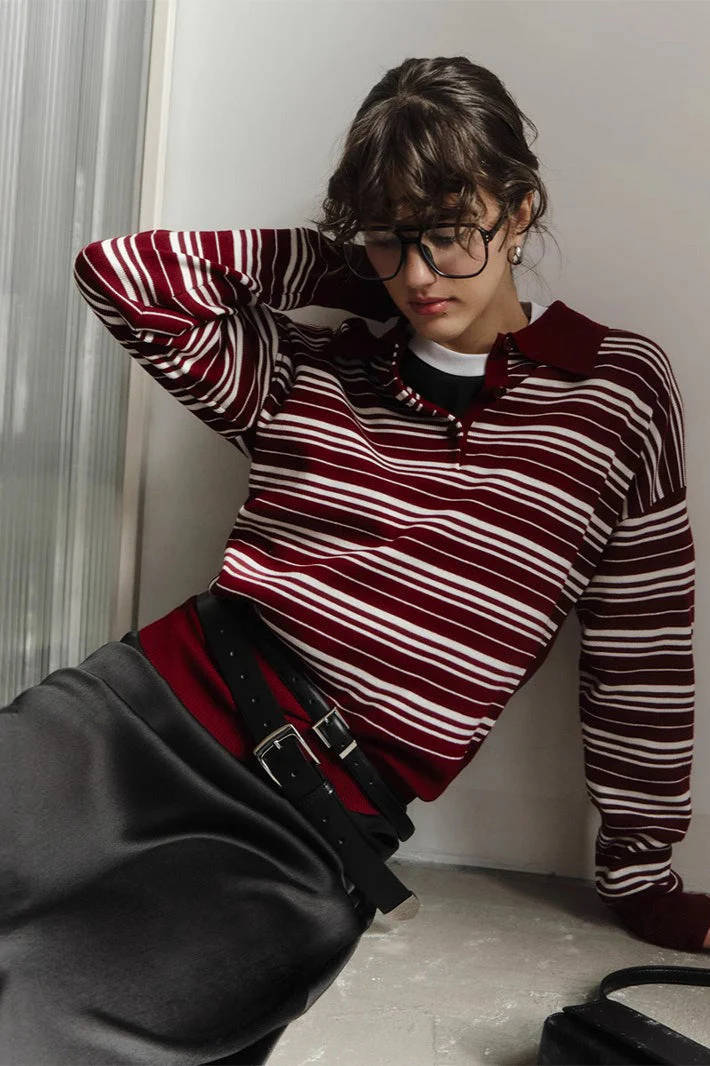 Vintage Striped Knit Polo Sweater - Image 27