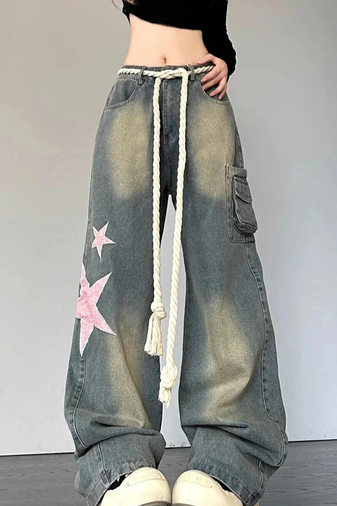 Wide Leg Patchwork Heart Jeans - Image 9